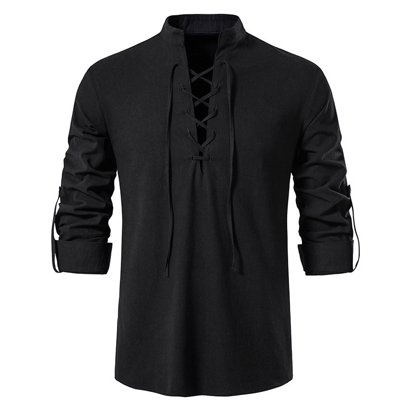 Men's Medieval Lace Up Cotton  - Mens Linen Shirt Long Sleeve 评论和价格