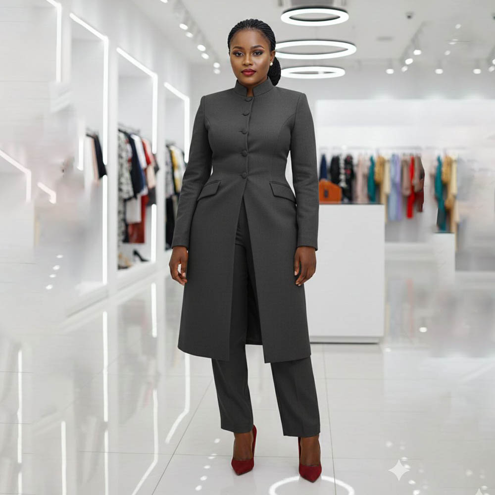 Women's Two Piece Suit Chic Ma - Mandarin Collar Formal Shirt Slim Fit 评论和价格