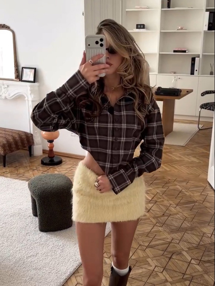 Women Chic Brown Plaid Check S - Mens Linen Shirt Long Sleeve 评论和价格