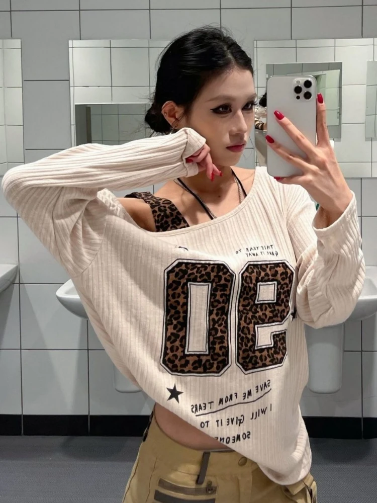 Y2K Patchwork Leopard Print T- - T-Shirts 评论和价格