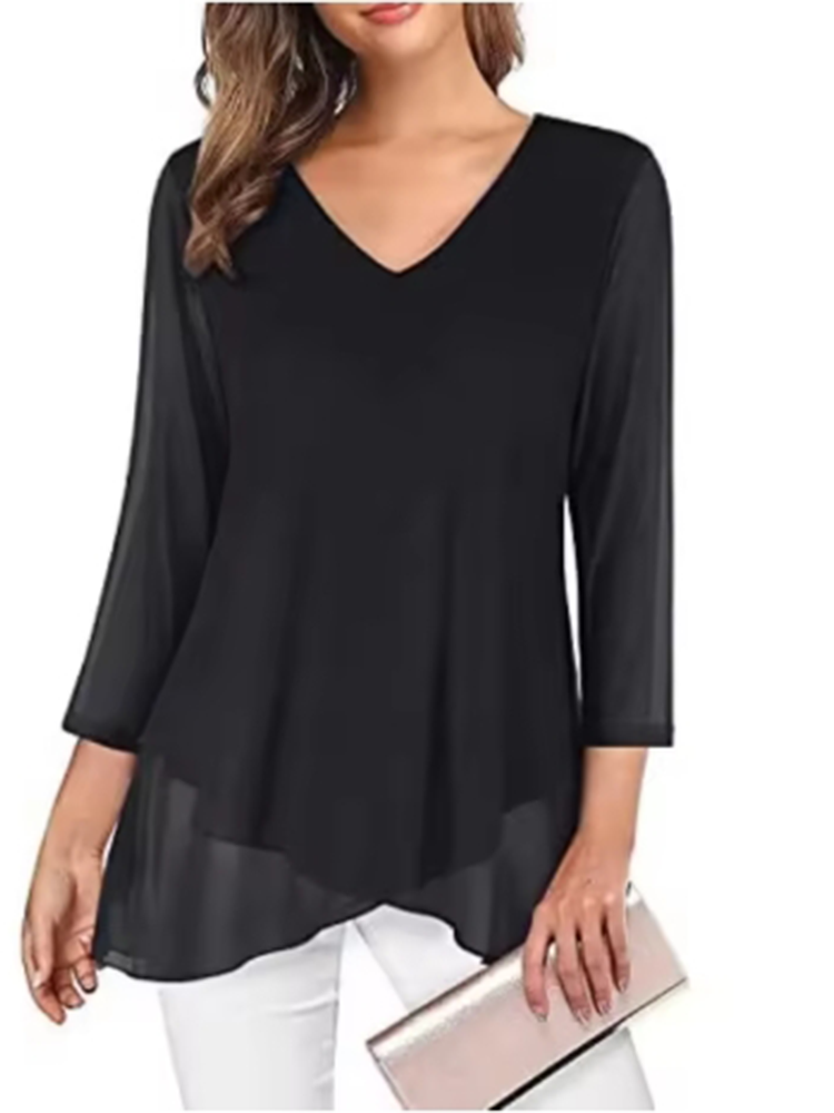 V-neck Printed Long Sleeved Pl - T-Shirts 评论和价格