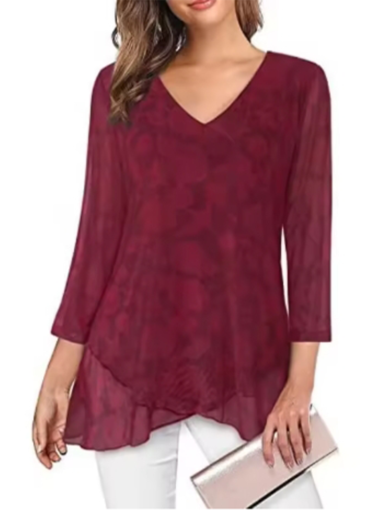 V-neck Printed Long Sleeved Pl - T-Shirts 评论和价格