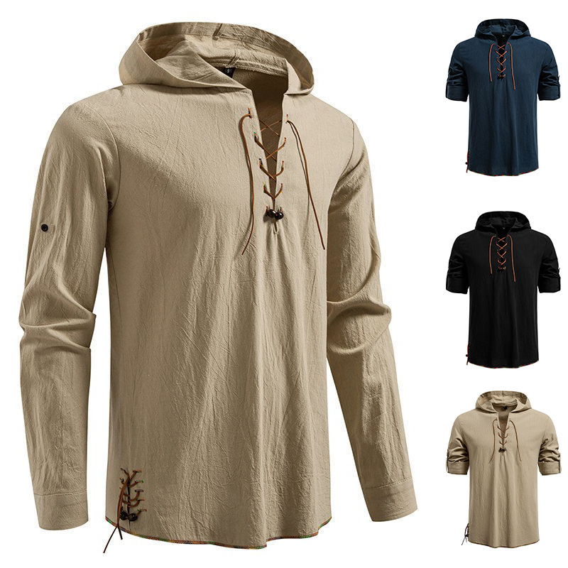 Men's Long Sleeve Hooded T-shi - Medieval Gothic Lace Up Pirate Shirt 评论和价格
