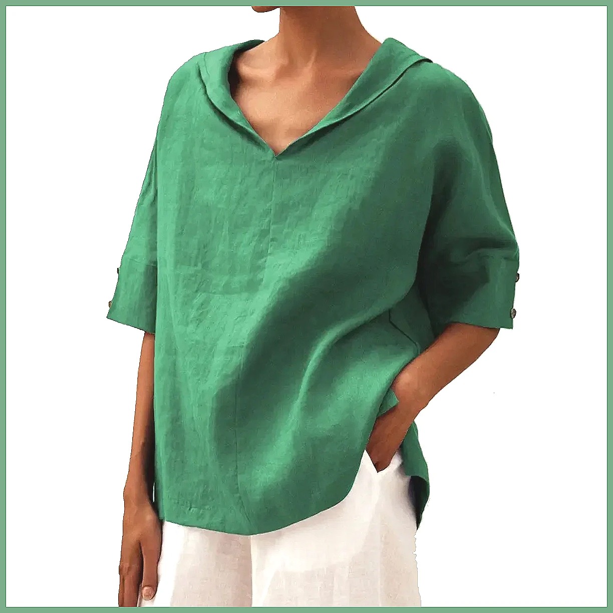 Women's Loose V-Neck Cotton Li - Shirts 评论和价格
